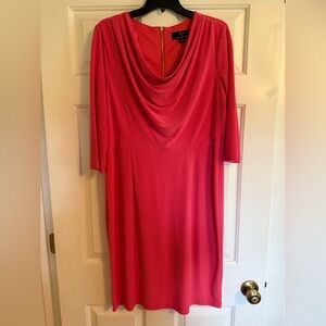 Nina Leonard Coral Sheath Dress with Cowl Neck 3/4 Sleeves